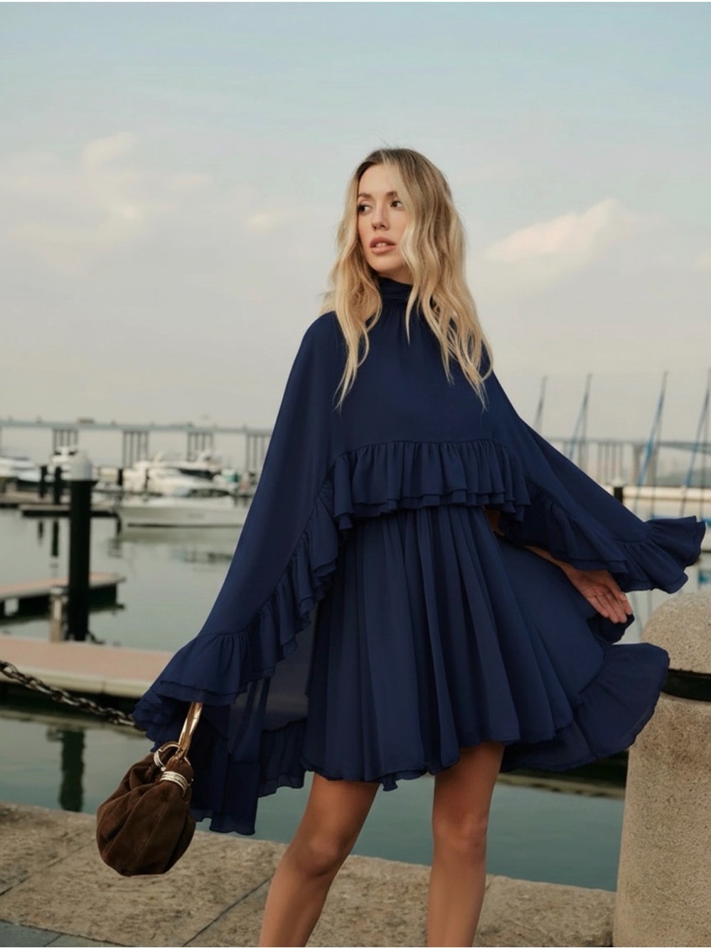 Commense Semi-Sheer Chiffon Ruffle Dress With Outer Cape - Picture 1 of 16